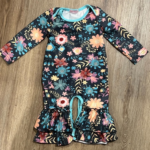 Tiffany Blue Floral Ruffle Romper - Picture 1 of 3